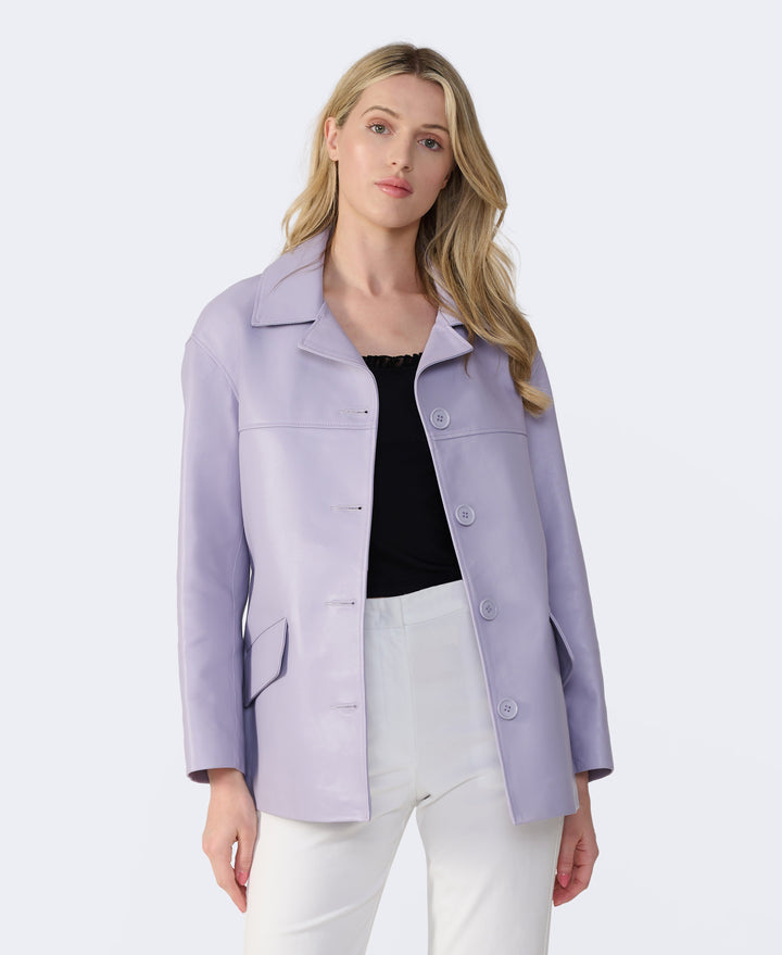Woman wearing lilac leather jacket