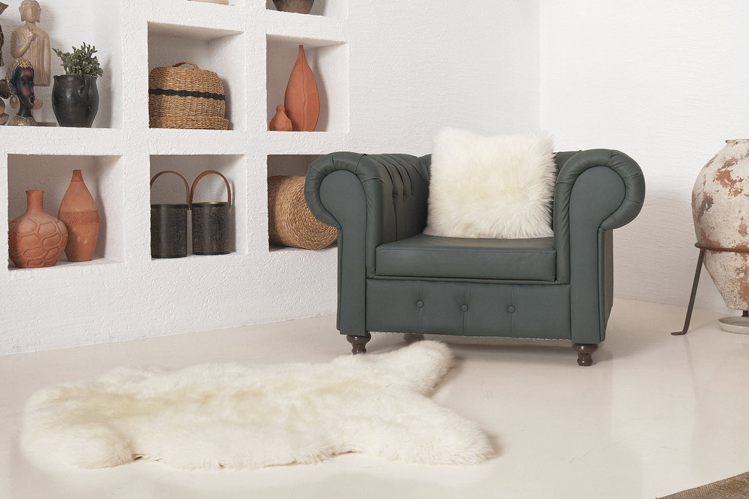 Natural white sheepskin rug with armchair