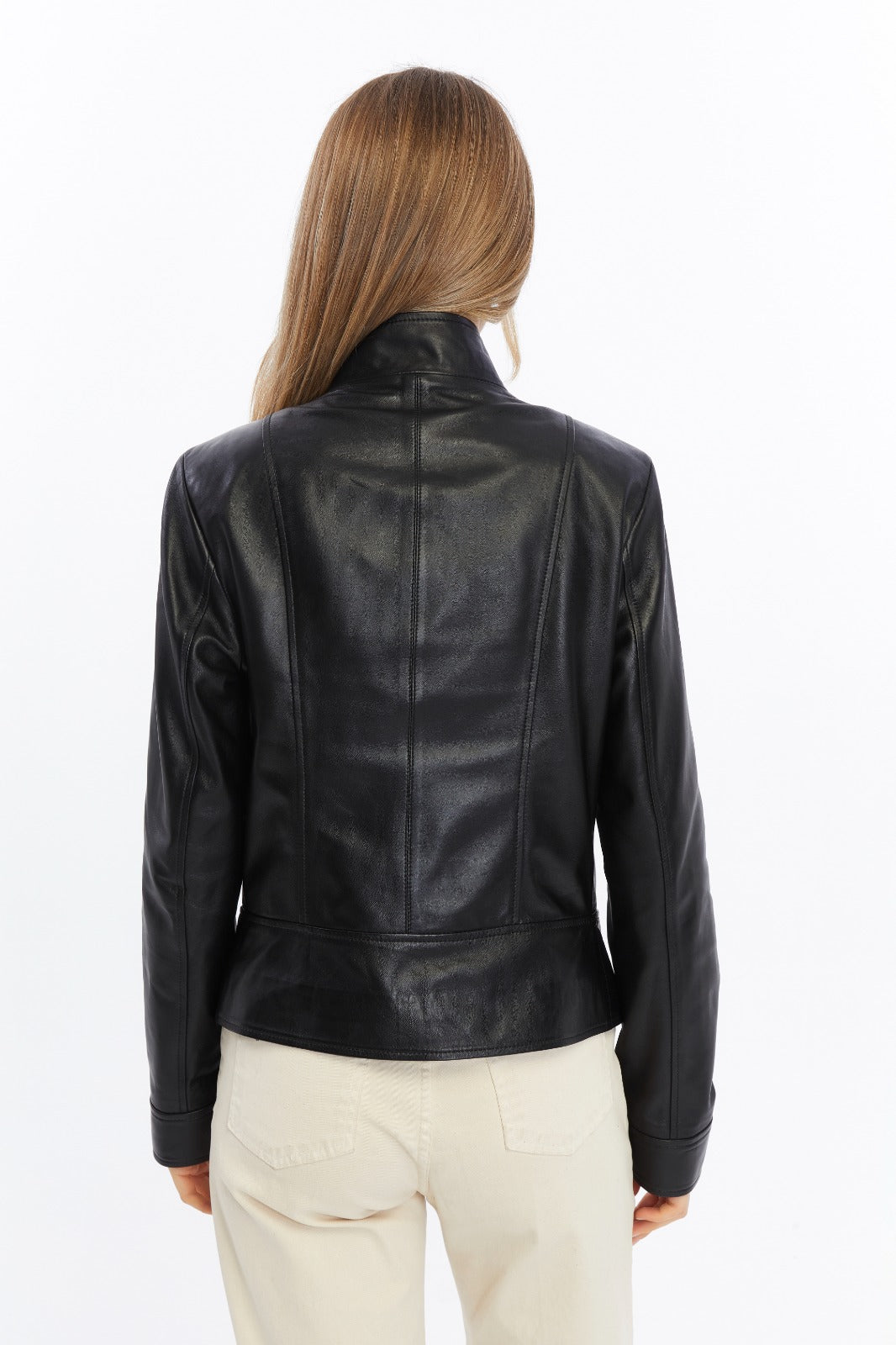 women’s black leather jacket back view tailored silhouette premium finish