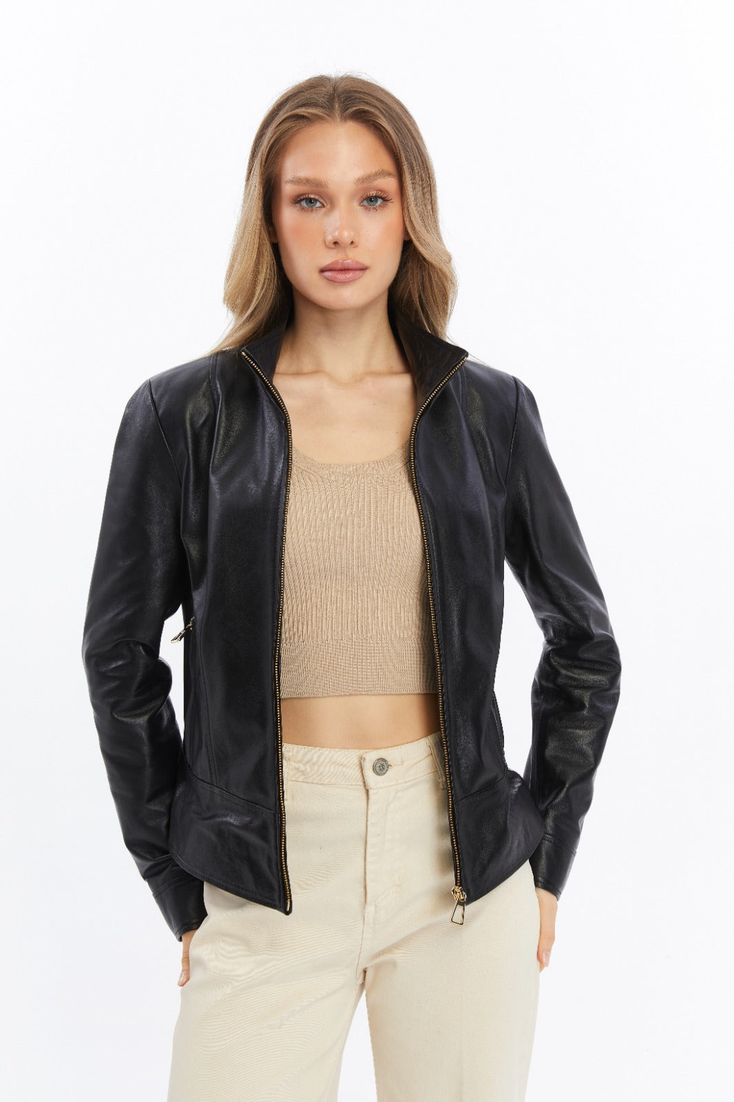 women’s black leather jacket open styling high neck modern slim fit