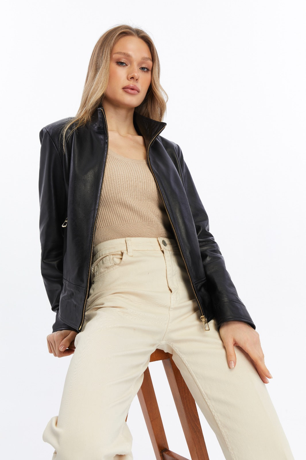 women’s black leather jacket full outfit styling casual luxury look