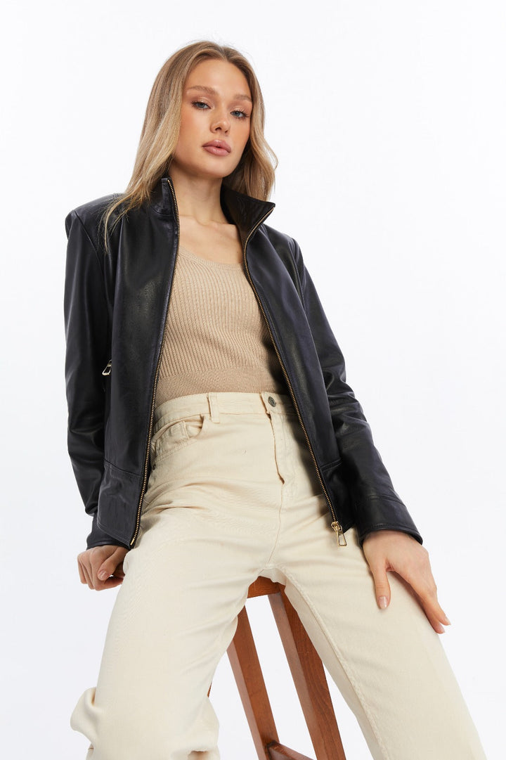 women’s black leather jacket full outfit styling casual luxury look