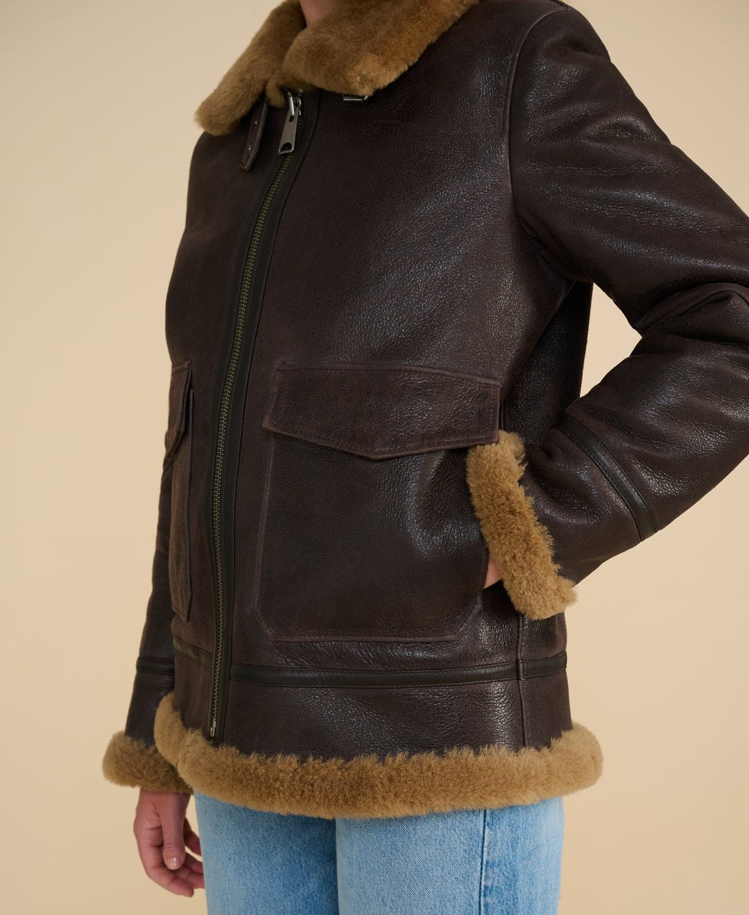 Bronte brown shearling jacket with patch pocket and ginger wool trim detail
