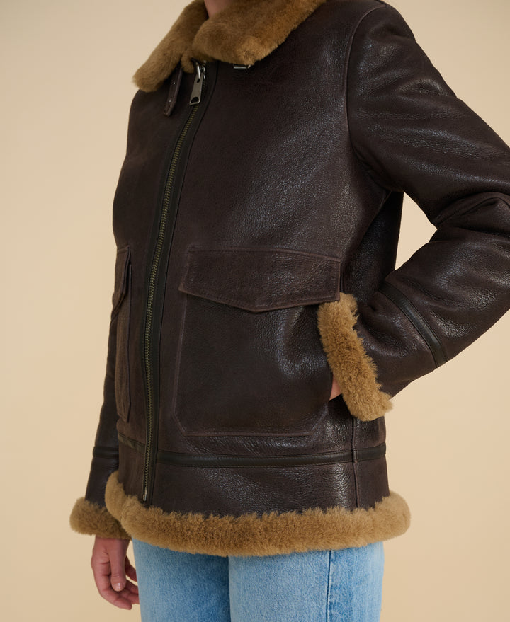 Bronte brown shearling jacket with patch pocket and ginger wool trim detail