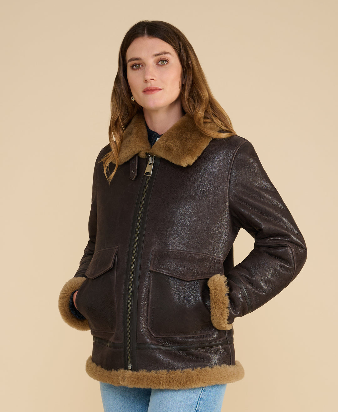 Bronte brown shearling jacket with ginger wool collar and patch pockets by FURNIQ UK