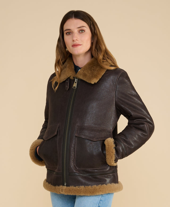 Bronte brown shearling jacket with ginger wool collar and patch pockets by FURNIQ UK