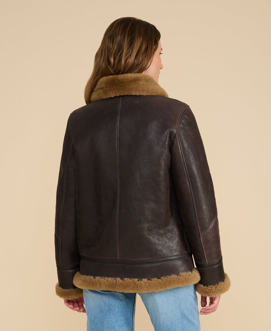 Bronte vintage brown shearling jacket back view with ginger wool trim by FURNIQ UK