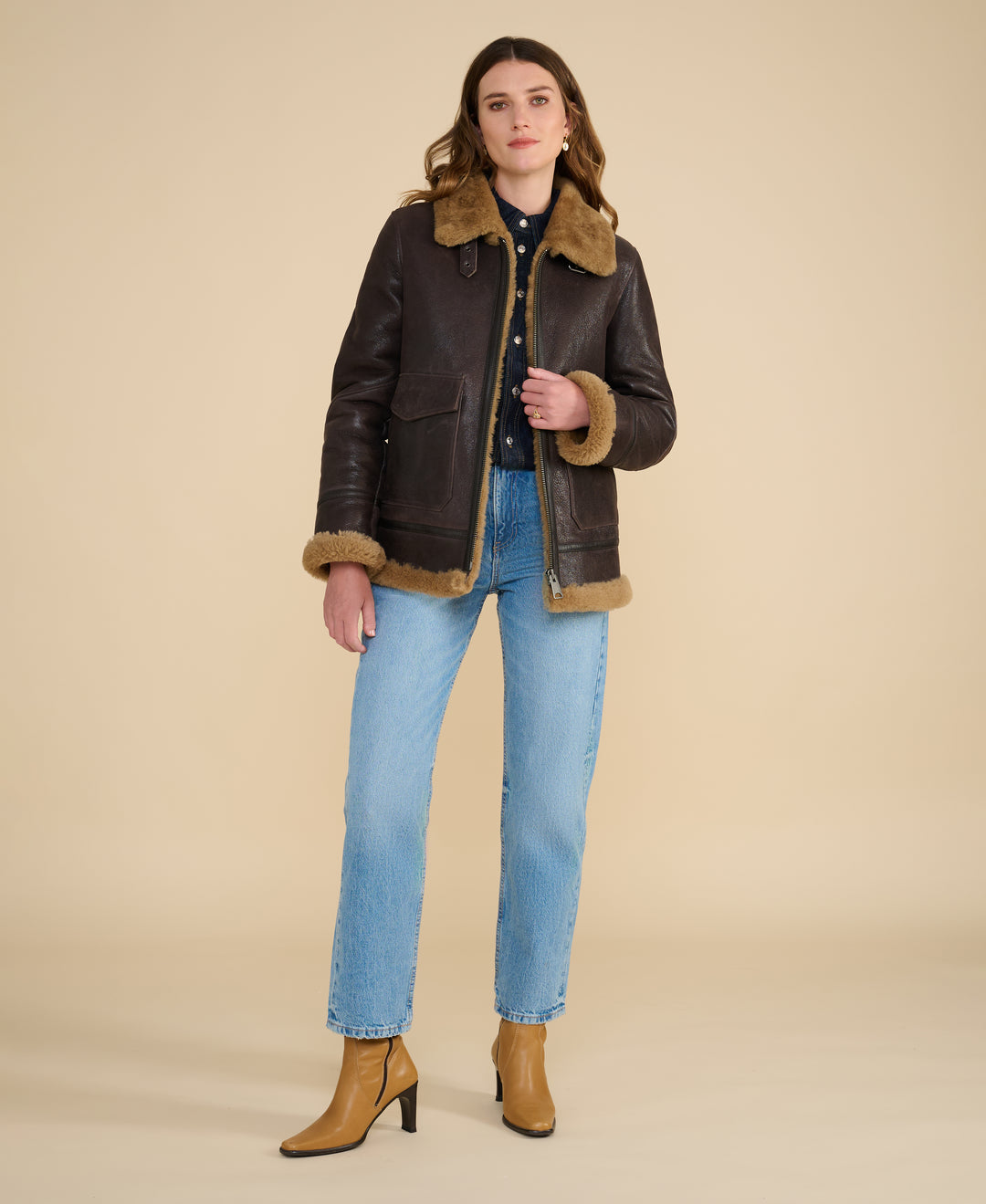 Bronte women's vintage brown shearling jacket with ginger wool by FURNIQ UK