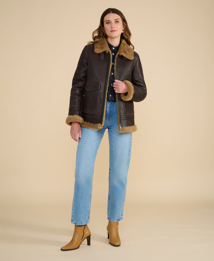 Bronte women's vintage brown shearling jacket with ginger wool by FURNIQ UK