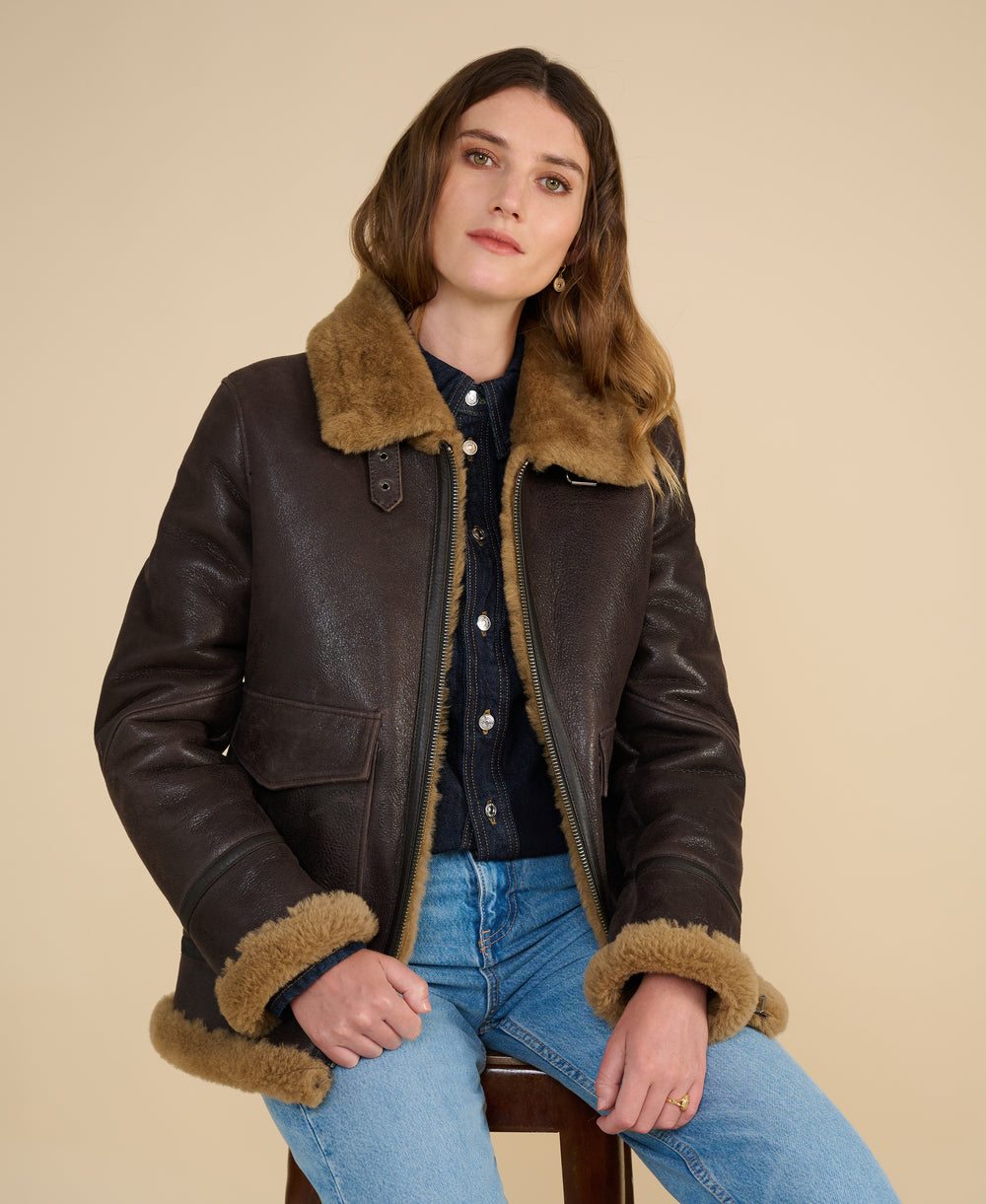 Bronte women's brown shearling jacket with ginger wool styled with denim by FURNIQ UK