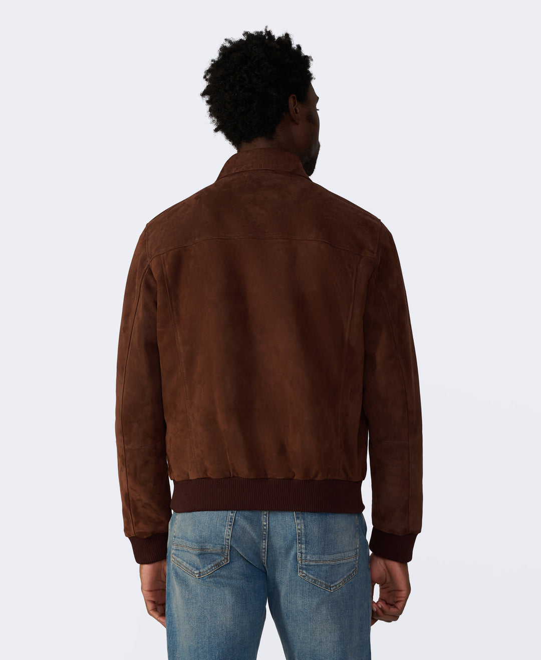 Back view brown suede bomber jacket