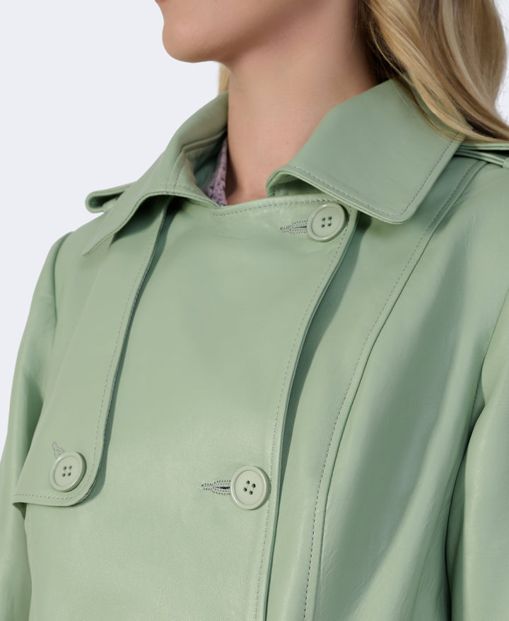 Sage green leather trench coat detail