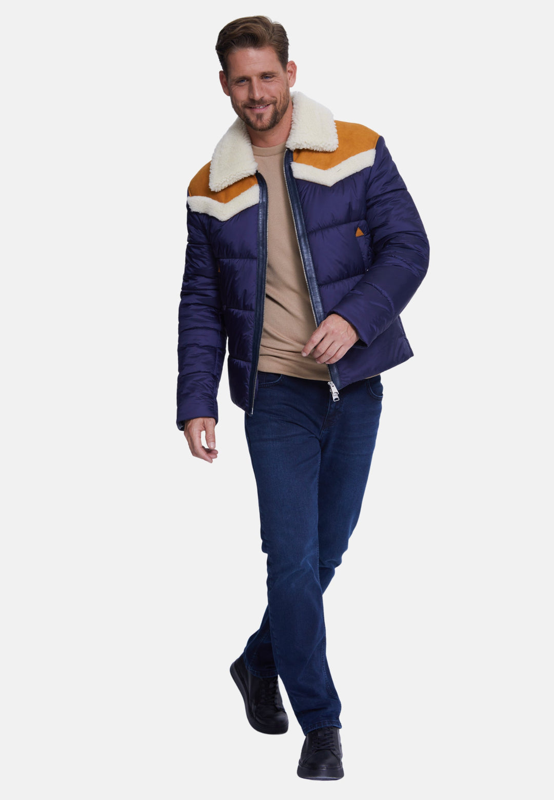 Man wearing navy puffer coat