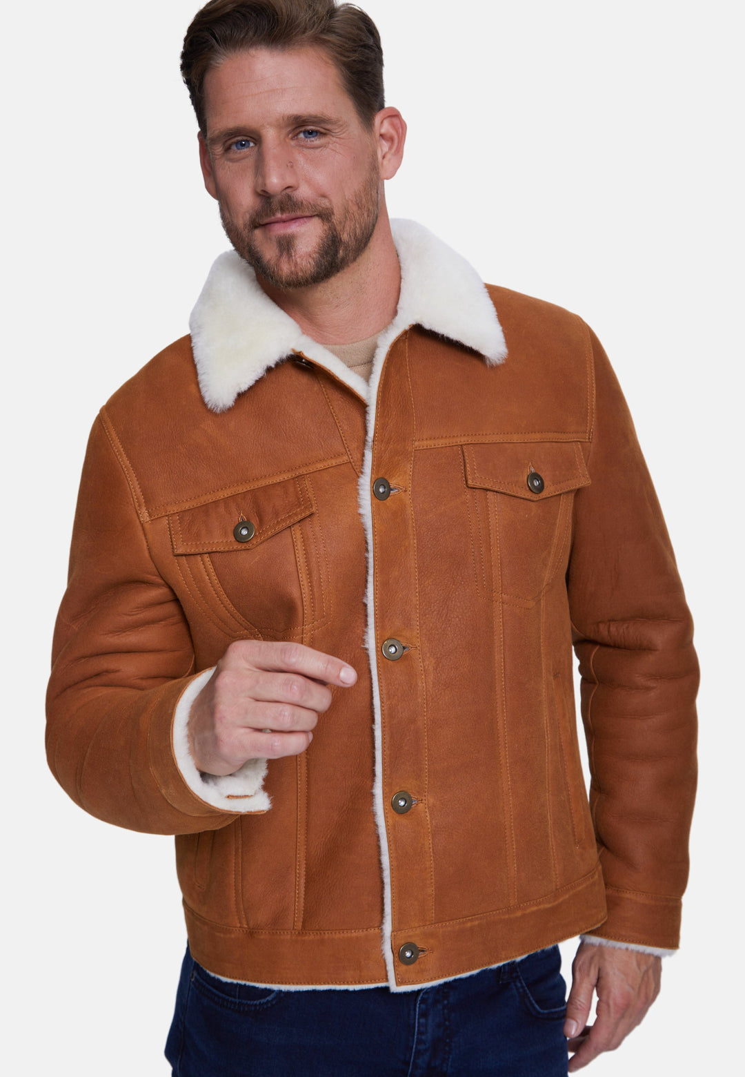 Man wearing tan shearling jacket