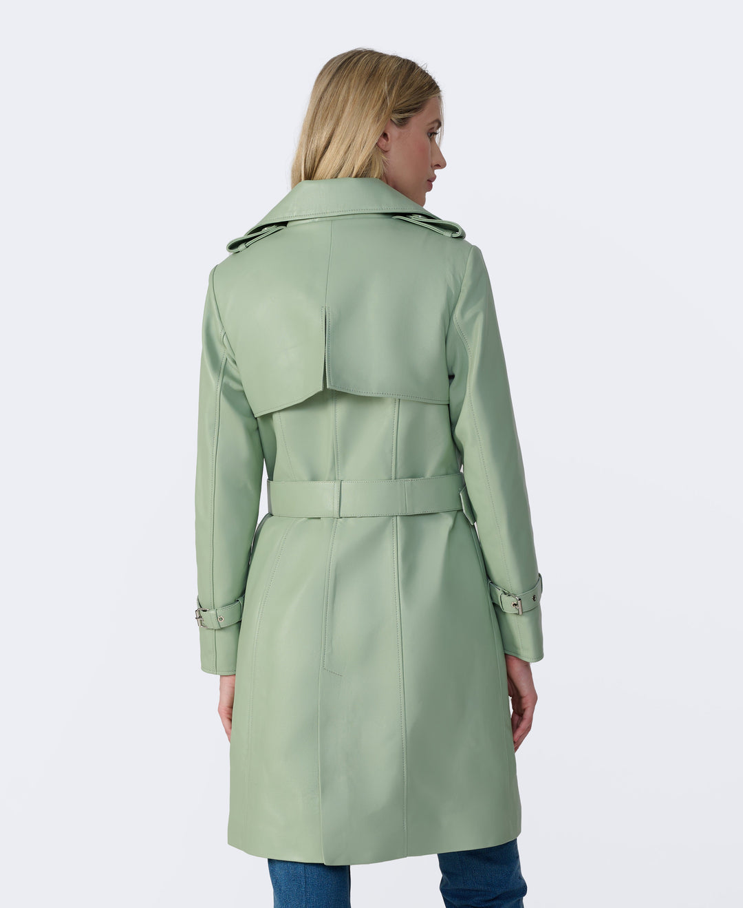 Sage leather trench coat - back view
