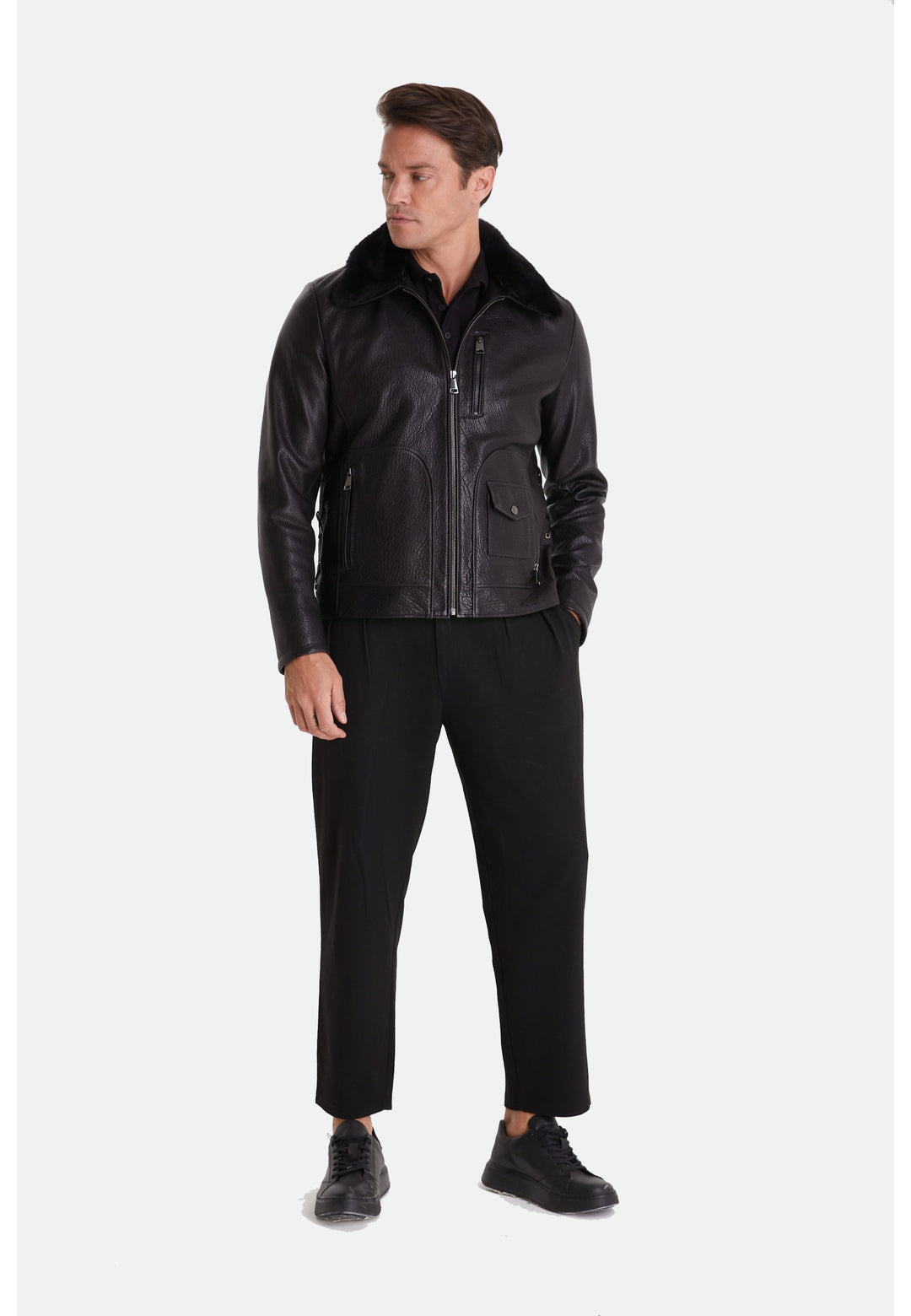 Man wearing black leather jacket