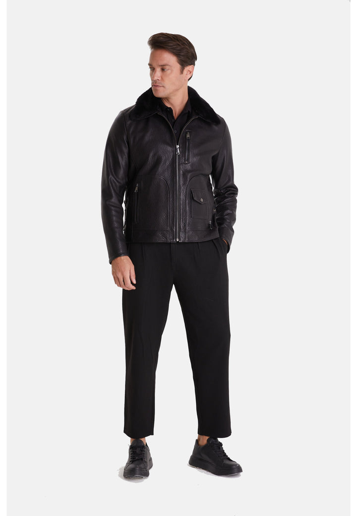 Man wearing black leather jacket