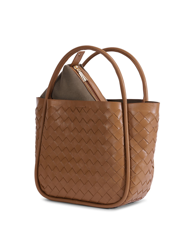 Tan woven leather top-handle tote bag