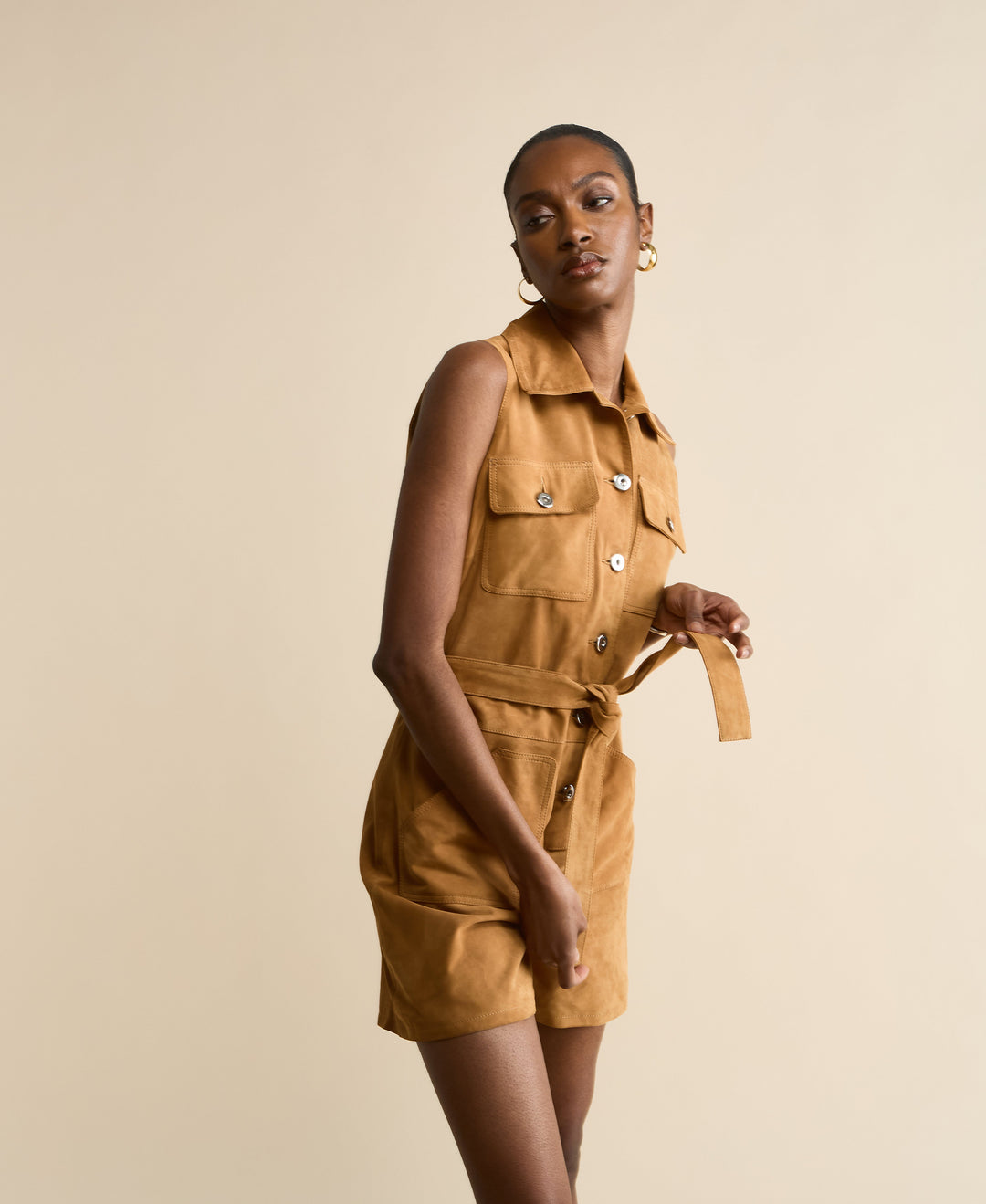Tan suede belted sleeveless romper