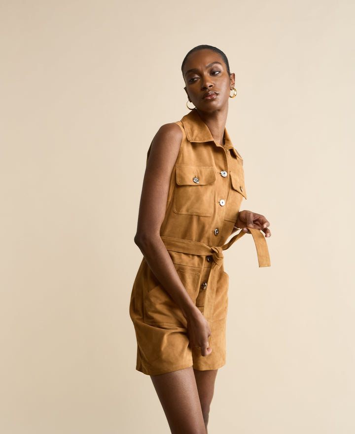 Tan suede belted sleeveless romper