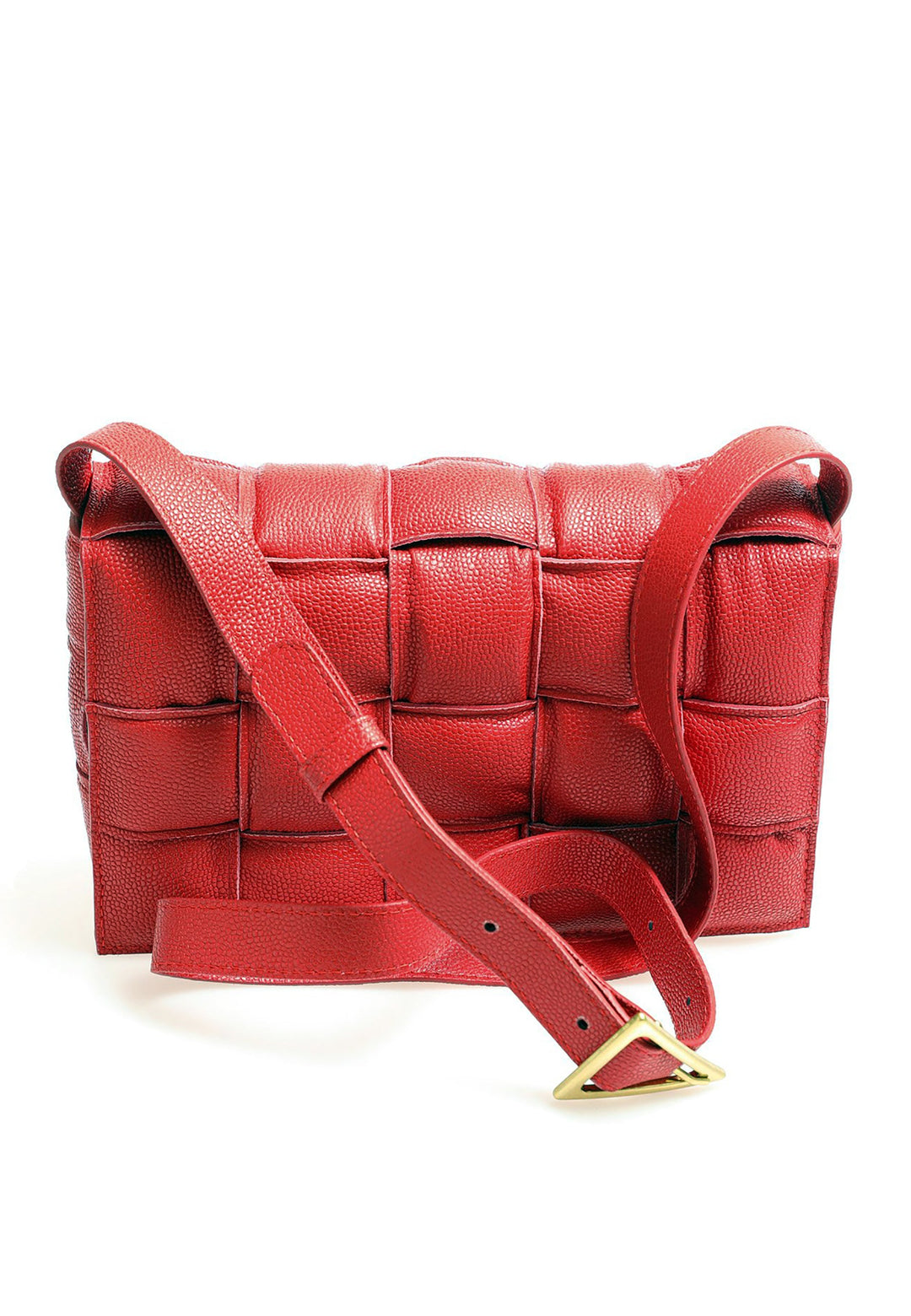 Red pebbled leather woven handbag