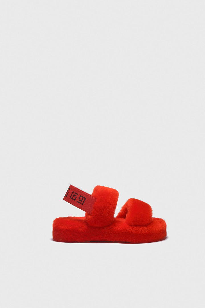 Red shearling double-strap women's slide