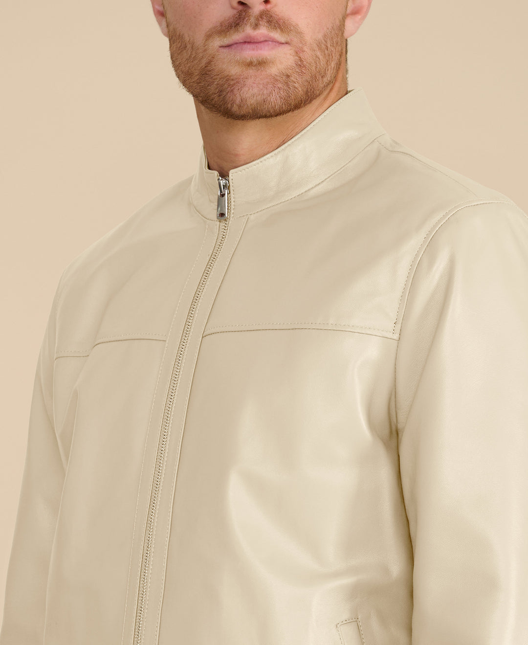 Cream leather racer jacket on model