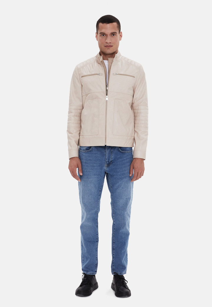 Man wearing beige leather jacket