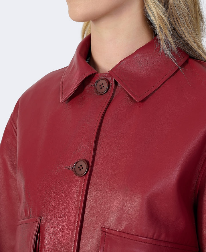 Burgundy leather jacket close-up