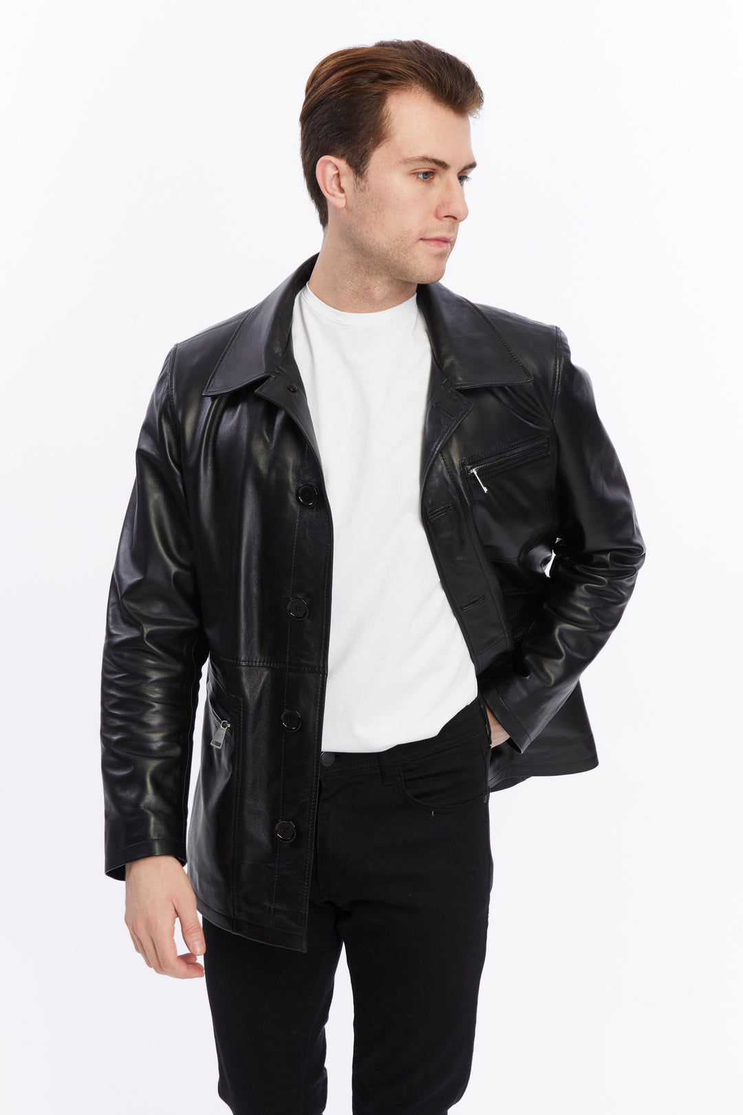 Man wearing black leather jacket