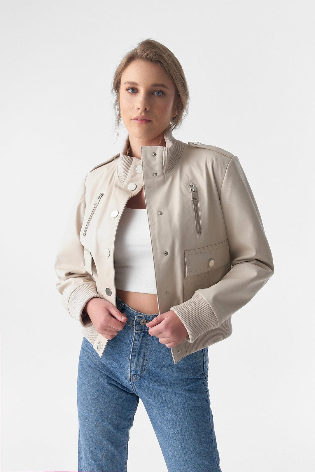 Beige cropped bomber jacket on model