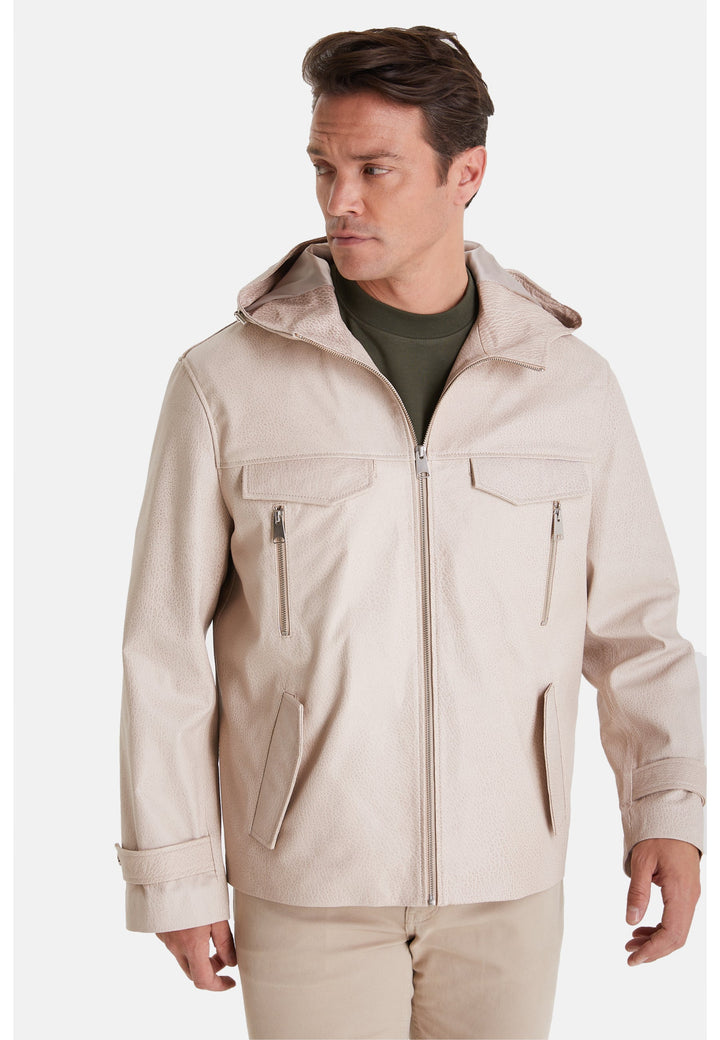 Beige leather hooded jacket on model