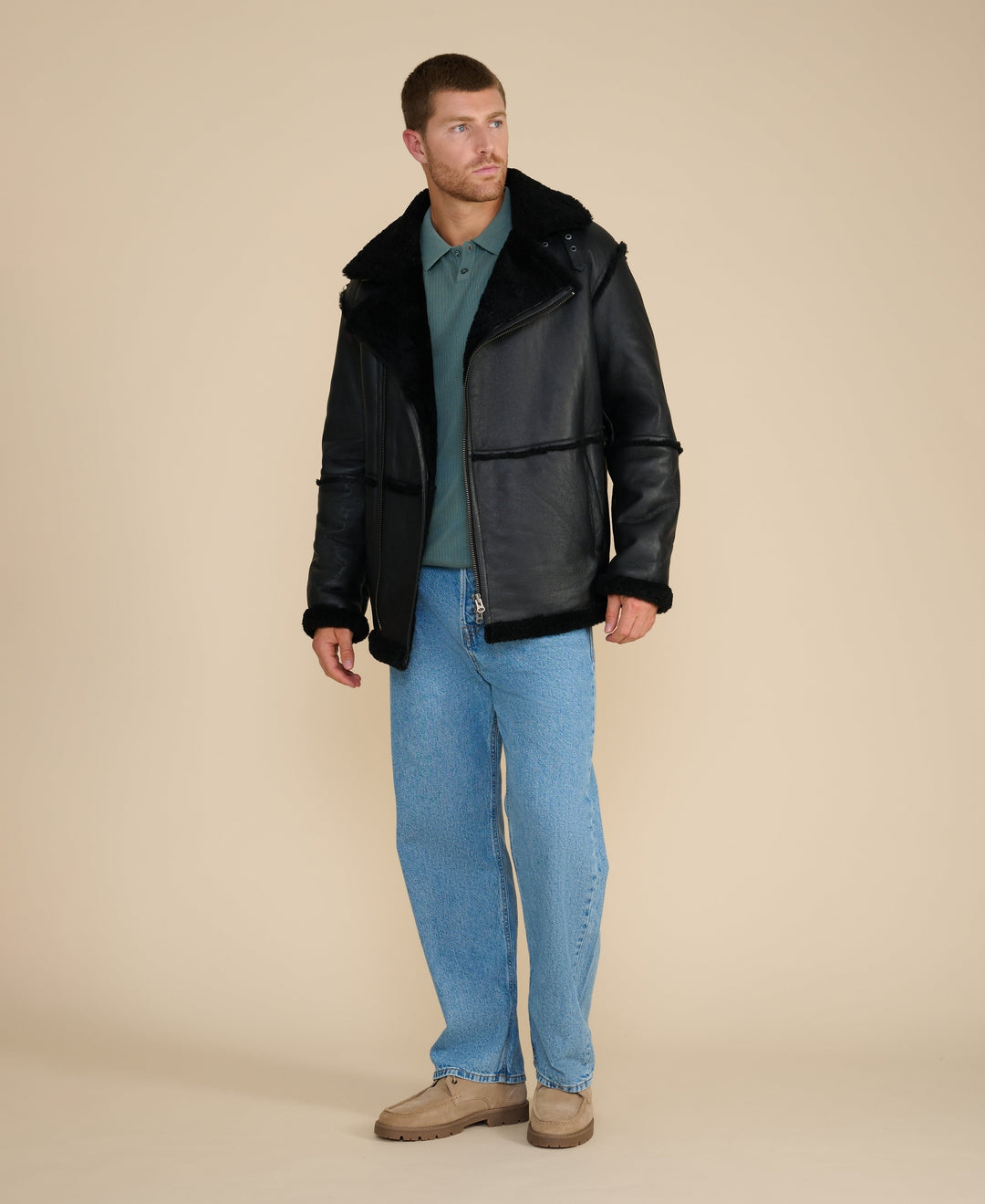 Man wearing black shearling jacket