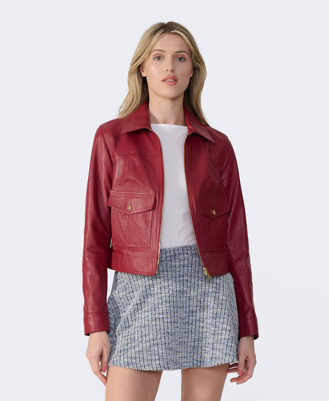 Red leather jacket with flap pockets