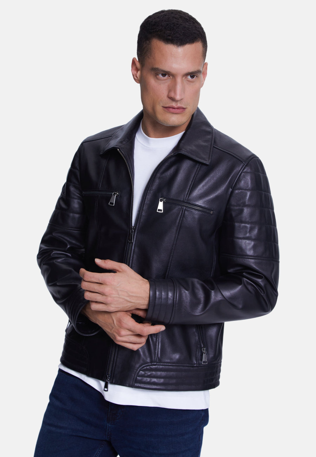 Male model wearing black leather jacket