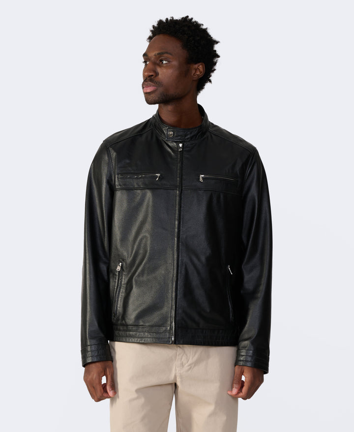 Man wearing black leather jacket