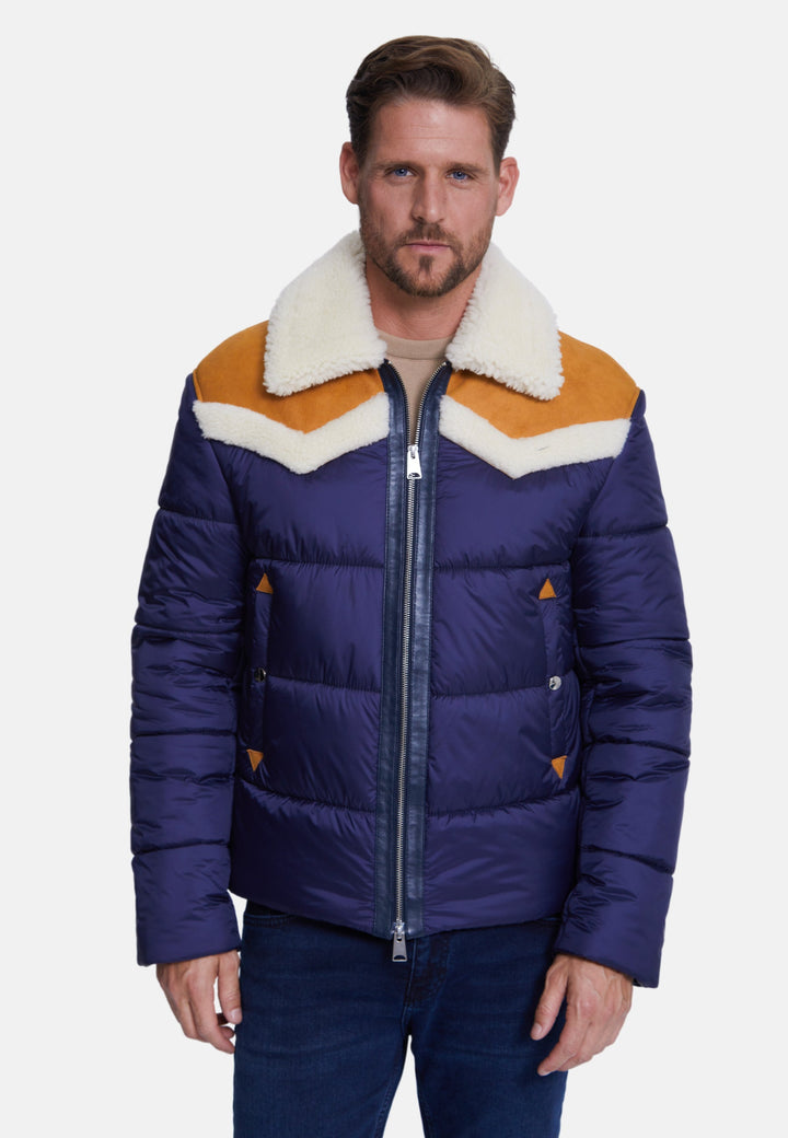 Men's navy puffer coat with shearling collar