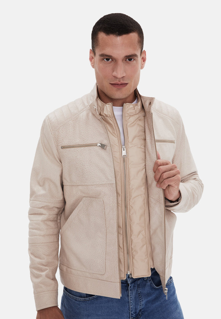 Man wearing beige leather jacket
