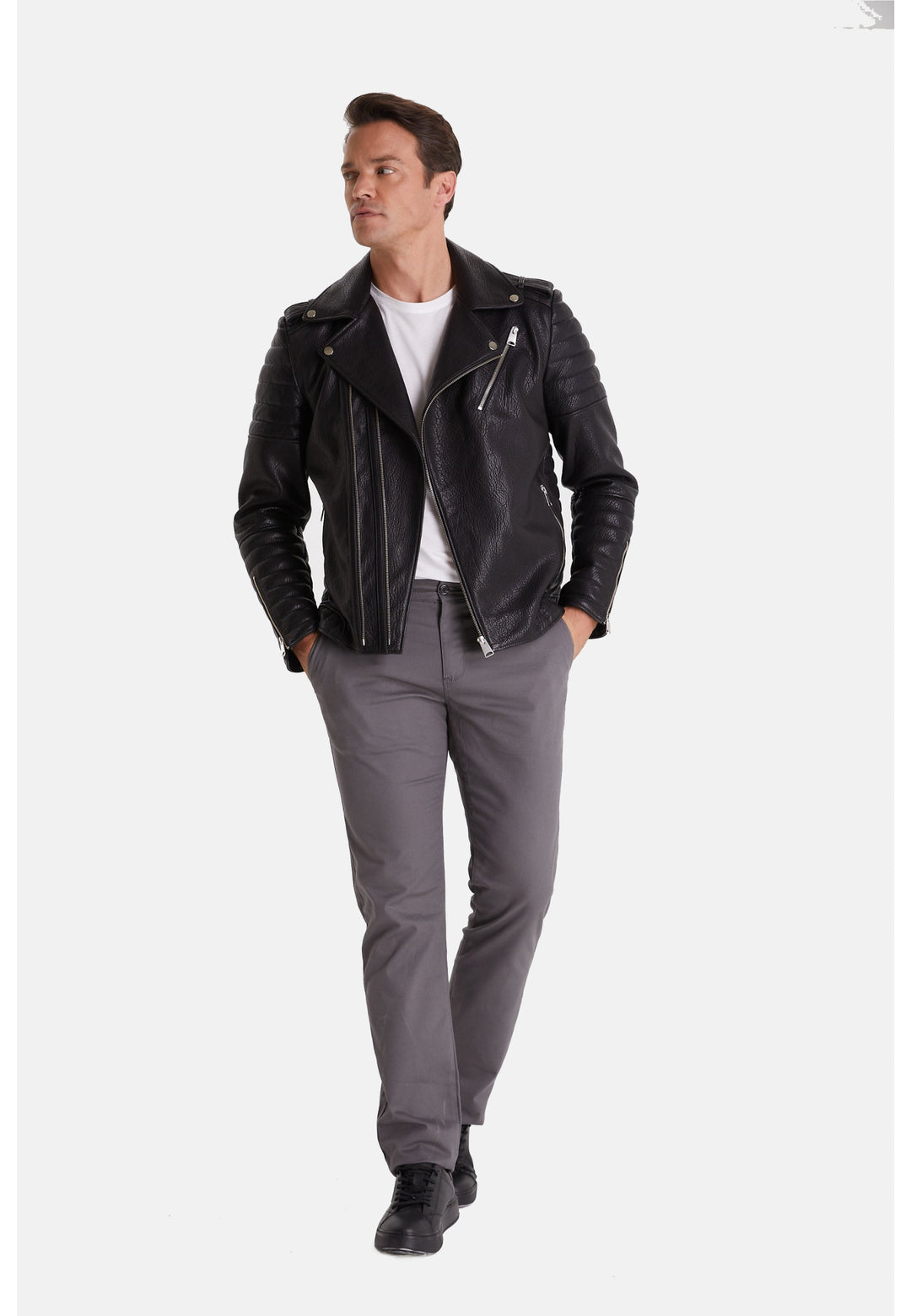 Man wearing black leather biker jacket