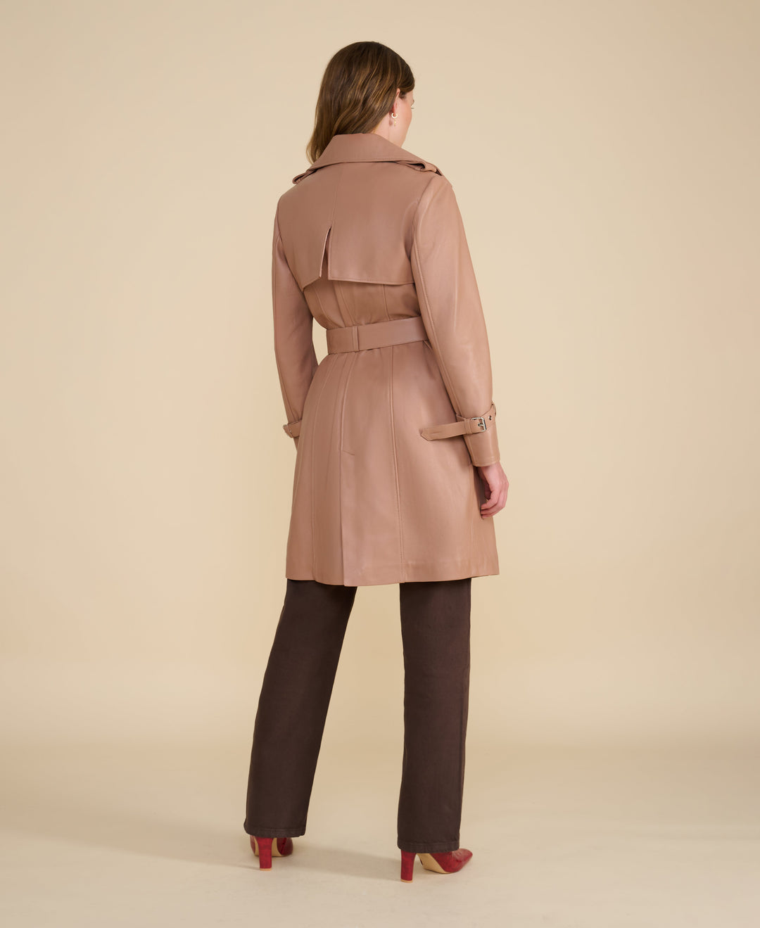 Back view of taupe trench coat