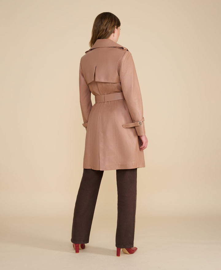 Back view of taupe trench coat
