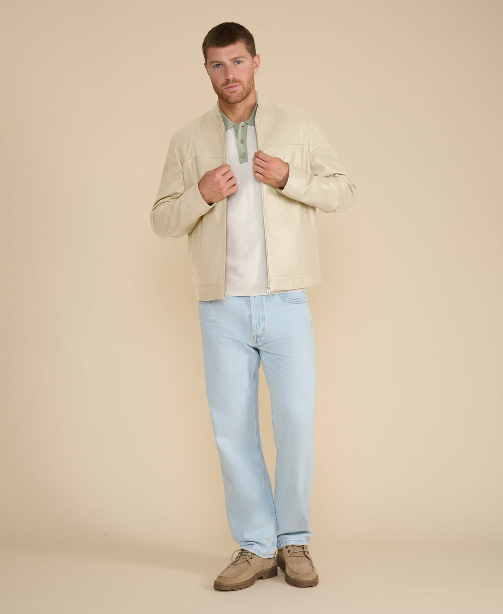 Beige racer leather jacket on model