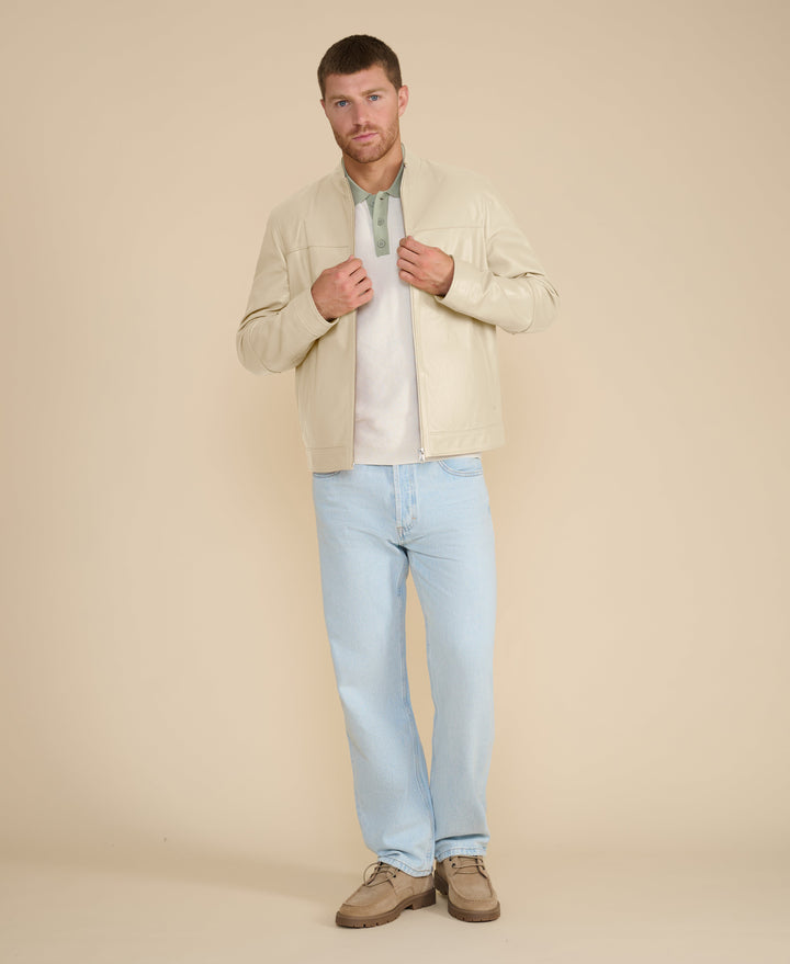 Beige racer leather jacket on model