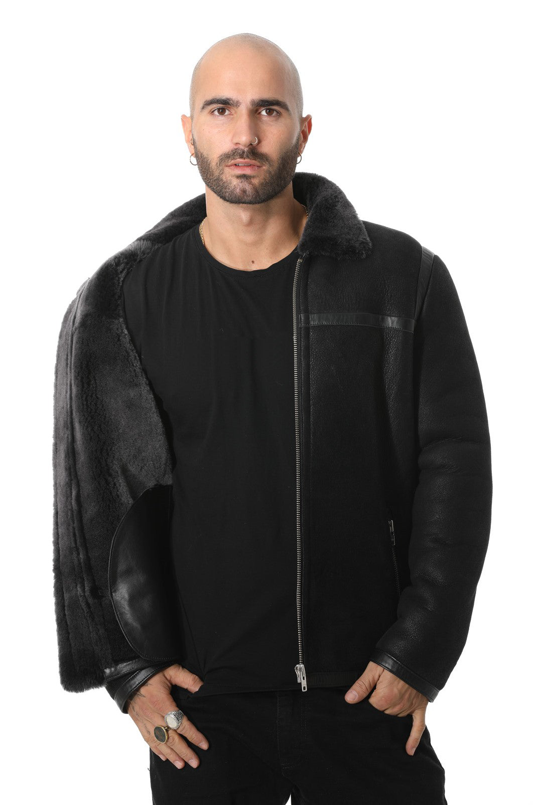 Male model wearing black sheepskin jacket