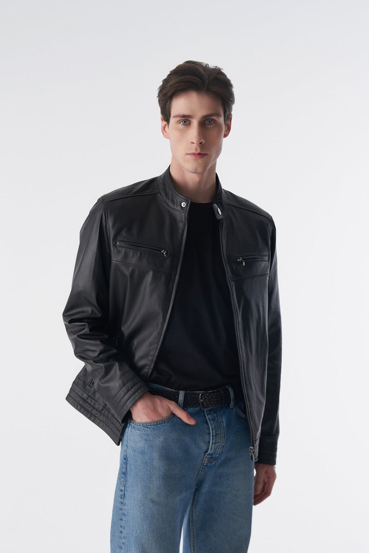 Male model wearing black leather cruiser jacket