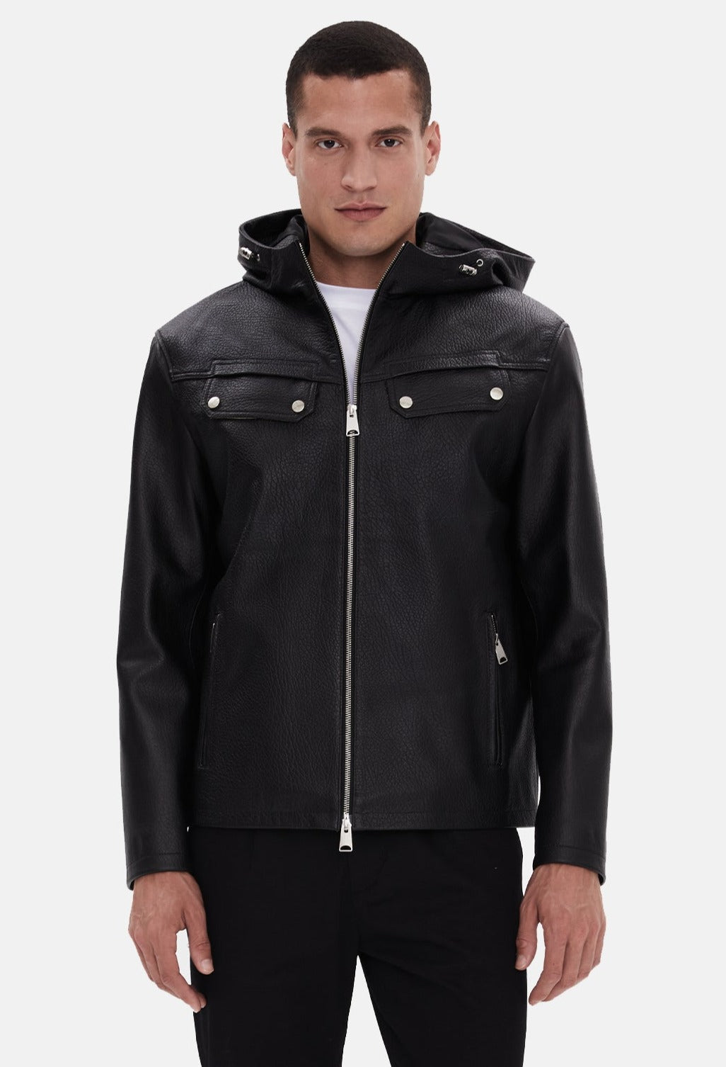 Black hooded leather jacket on model