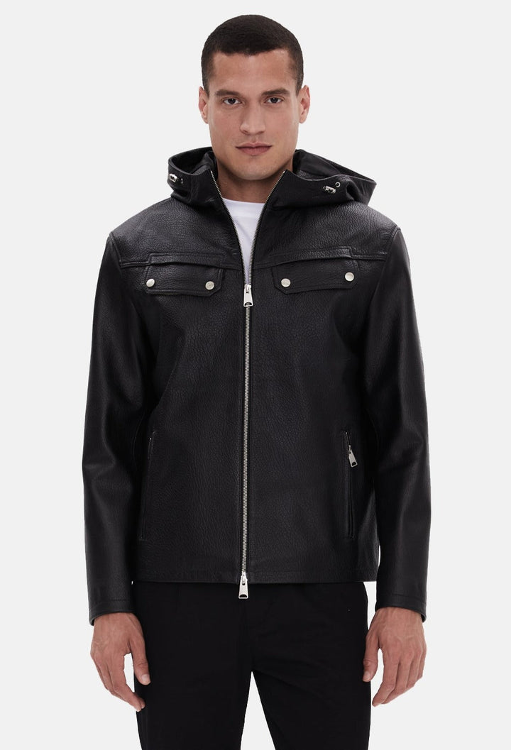 Black hooded leather jacket on model