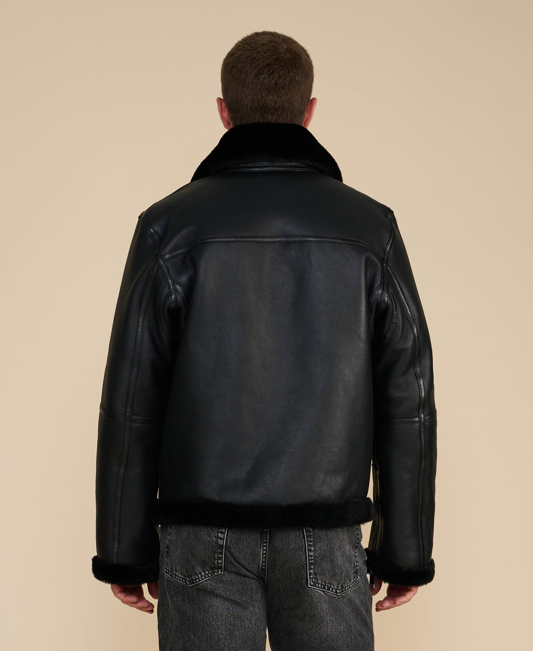 Callahan men's black leather shearling jacket back view