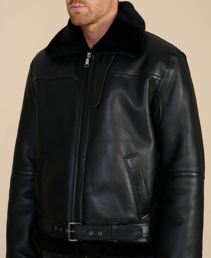 Callahan men's black leather shearling jacket with black shearling collar