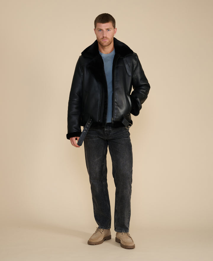 Callahan men's black leather shearling jacket full length view